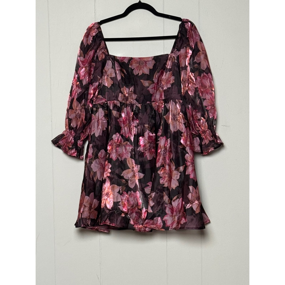 NWT Thirty Thirty Floral Metallic Organza Mini Dress Pink Purple Smock Back S XL